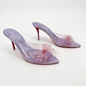 Christian Louboutin Aqua Strass 80 PVC Pink Crystal Bow Pointed Toe Mules EU 38